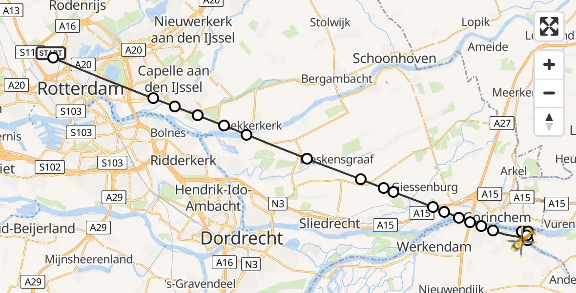 Vluchtroute Traumahelikopter van Rotterdam The Hague Airport naar Woudrichem