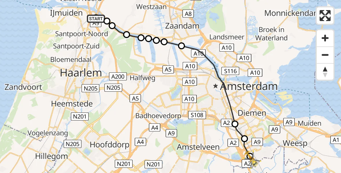 Vluchtroute Traumahelikopter van Velsen-Zuid naar Amsterdam UMC Helipad
