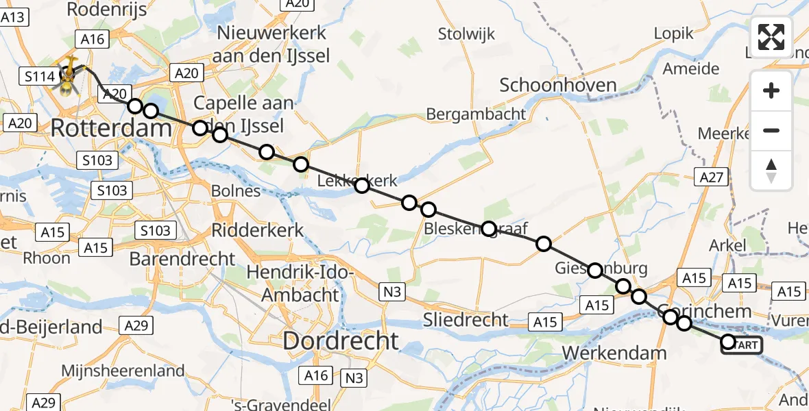 Vluchtroute Traumahelikopter van Woudrichem naar Rotterdam The Hague Airport