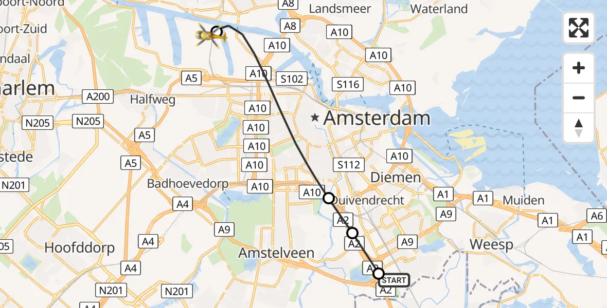 Vluchtroute Traumahelikopter van Amsterdam UMC Helipad naar Amsterdam Heliport
