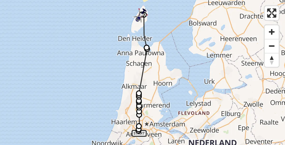 Vluchtroute Politiehelikopter van Amsterdam Vliegveld Schiphol naar Texel International Airport