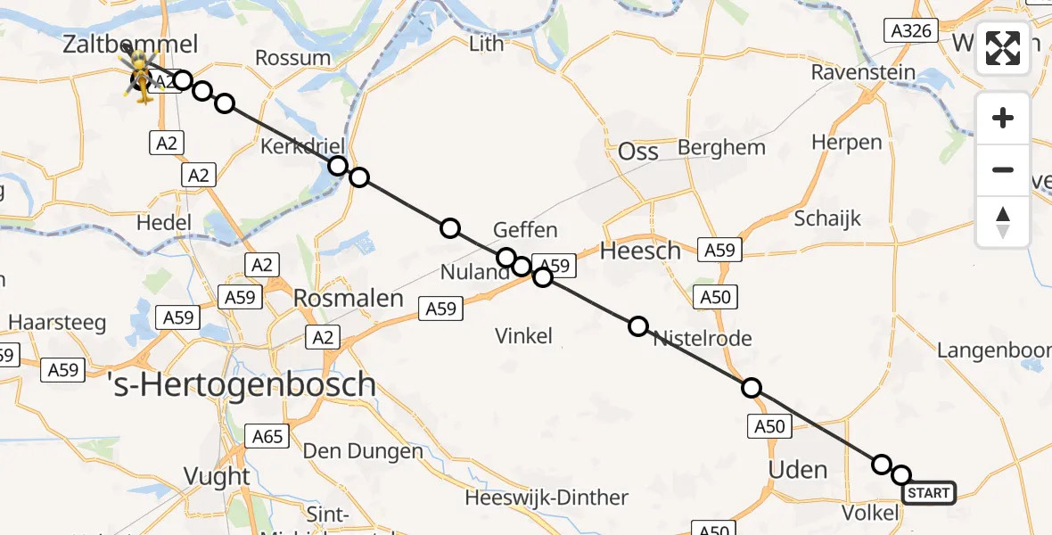 Vluchtroute Traumahelikopter van Vliegbasis Volkel naar Zaltbommel