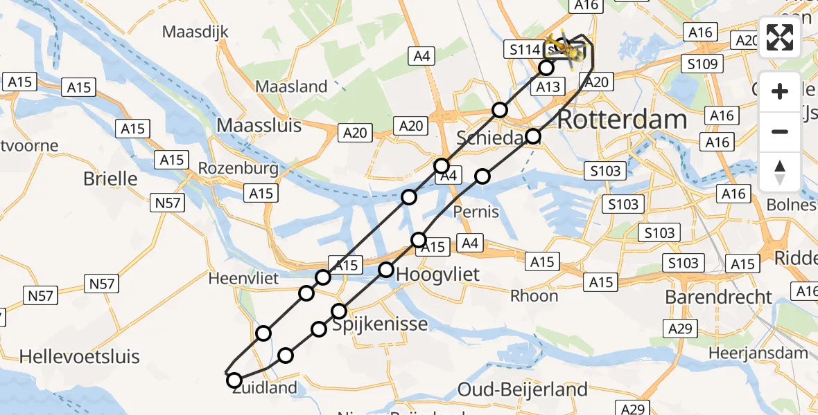 Vluchtroute Traumahelikopter van Rotterdam The Hague Airport naar Rotterdam The Hague Airport