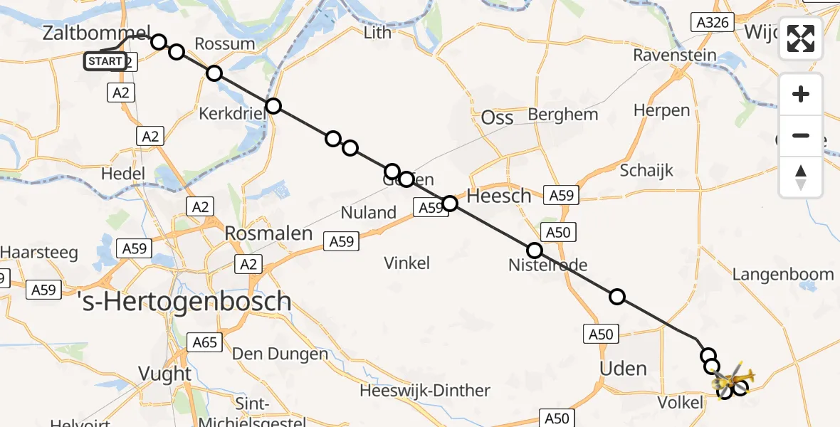 Vluchtroute Traumahelikopter van Zaltbommel naar Vliegbasis Volkel
