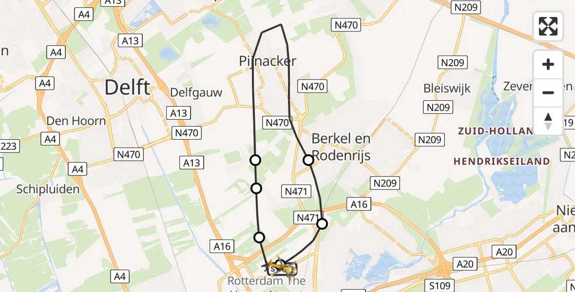 Vluchtroute Traumahelikopter van Rotterdam The Hague Airport naar Rotterdam The Hague Airport