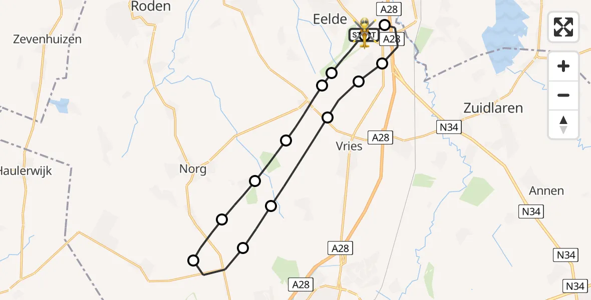 Vluchtroute Traumahelikopter van Groningen Airport Eelde naar Groningen Airport Eelde