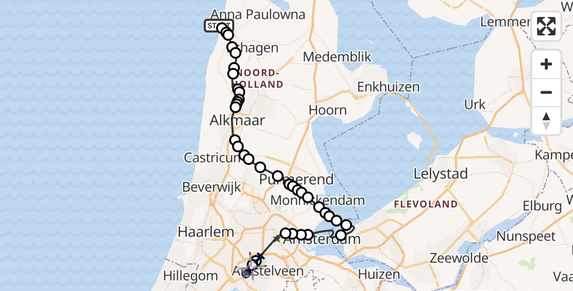 Vluchtroute Politiehelikopter van Noordzee naar Amsterdam Vliegveld Schiphol