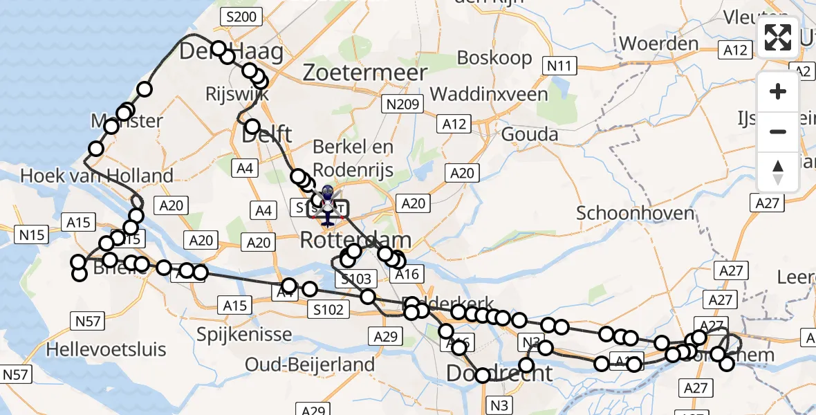 Vluchtroute Politiehelikopter van Rotterdam The Hague Airport naar Rotterdam The Hague Airport
