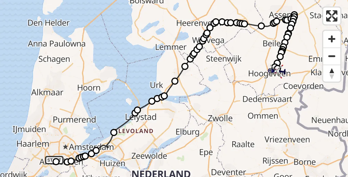 Vluchtroute Politiehelikopter van Amsterdam Vliegveld Schiphol naar Tiendeveen