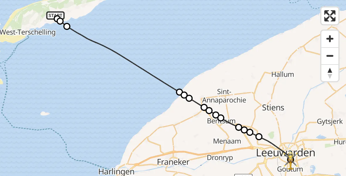 Vluchtroute Ambulancehelikopter van Terschelling Heliport naar Leeuwarden Medical Center Heliport