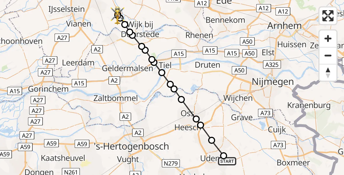Vluchtroute Traumahelikopter van Vliegbasis Volkel naar Cothen