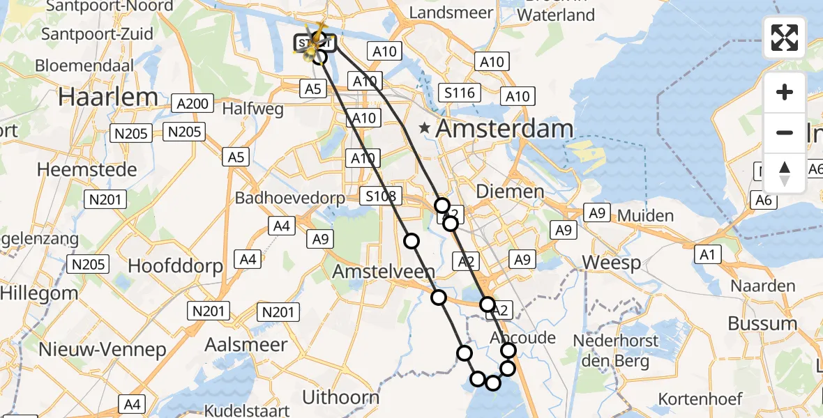 Vluchtroute Traumahelikopter van Amsterdam Heliport naar Amsterdam Heliport