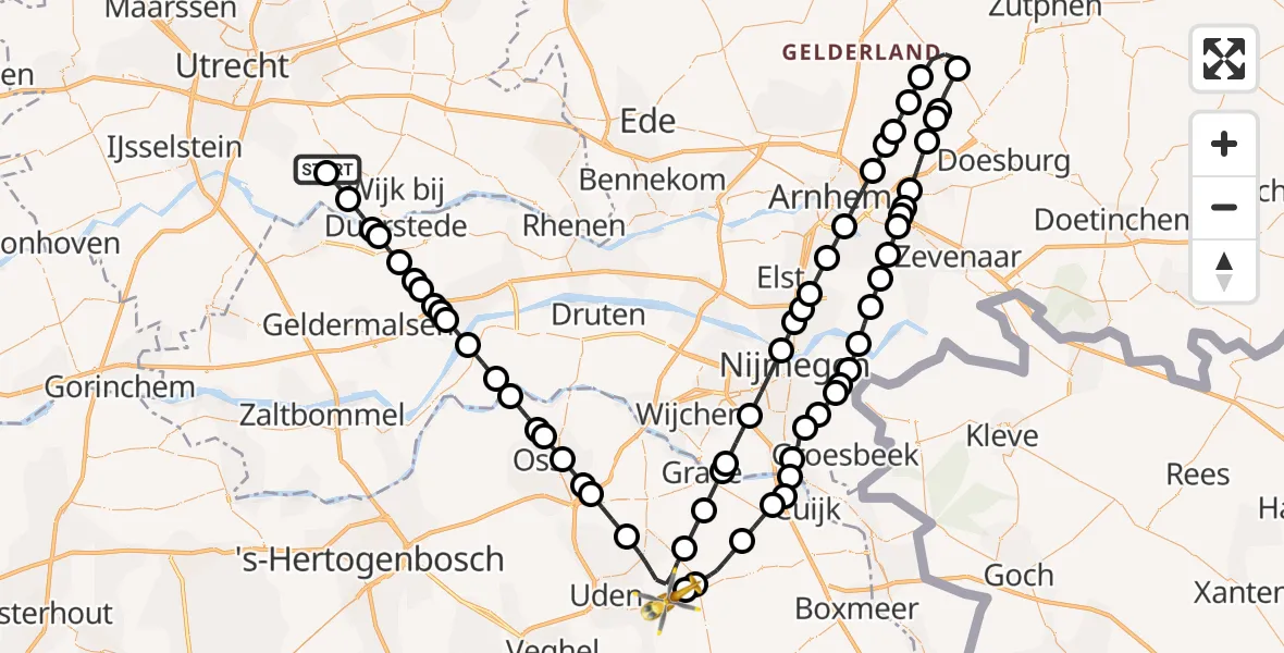 Vluchtroute Traumahelikopter van Cothen naar Vliegbasis Volkel