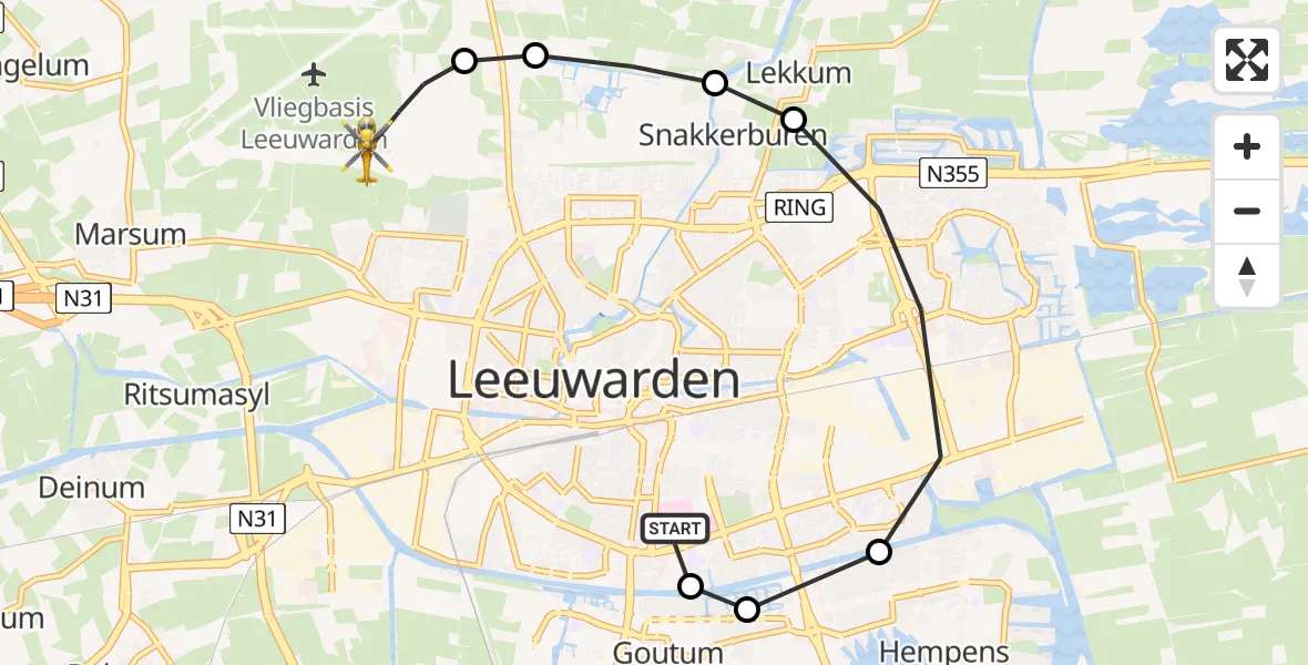 Vluchtroute Ambulancehelikopter van Leeuwarden Medical Center Heliport naar Vliegbasis Leeuwarden