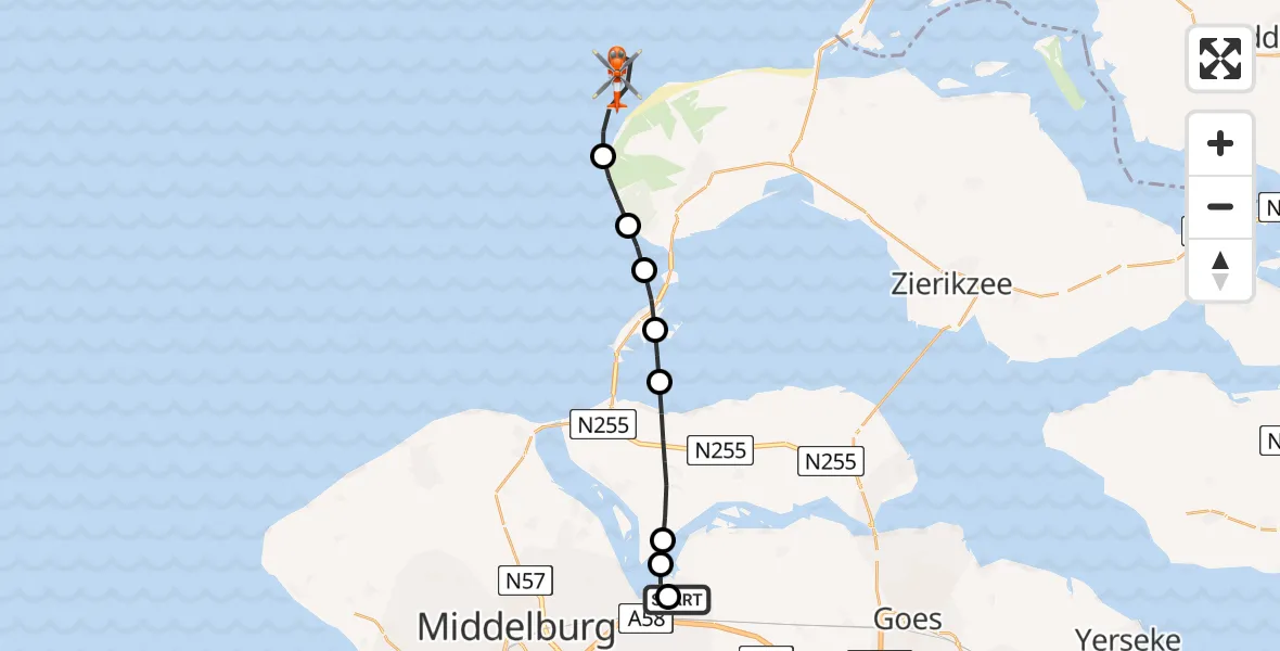 Vluchtroute Kustwachthelikopter van Vliegveld Midden-Zeeland naar Noordzee