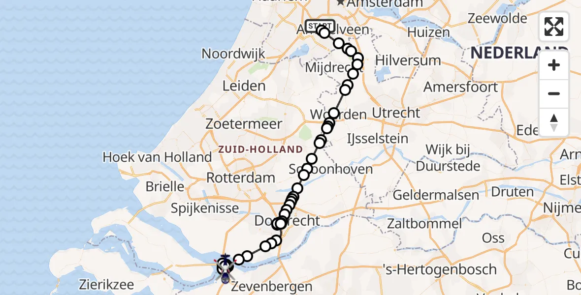 Vluchtroute Politiehelikopter van Amsterdam Vliegveld Schiphol naar Willemstad