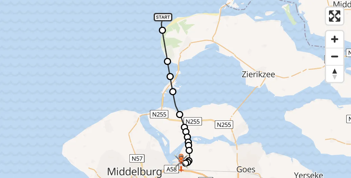 Vluchtroute Kustwachthelikopter van Noordzee naar Vliegveld Midden-Zeeland