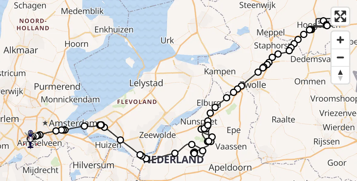 Vluchtroute Politiehelikopter van Vliegveld Hoogeveen naar Amsterdam Vliegveld Schiphol