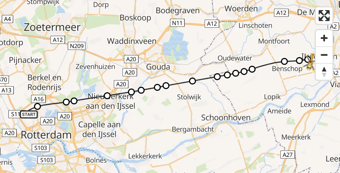 Vluchtroute Traumahelikopter van Rotterdam The Hague Airport naar IJsselstein