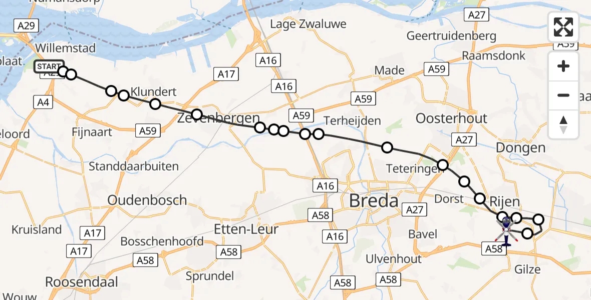 Vluchtroute Politiehelikopter van Heijningen naar Vliegbasis Gilze Rijen