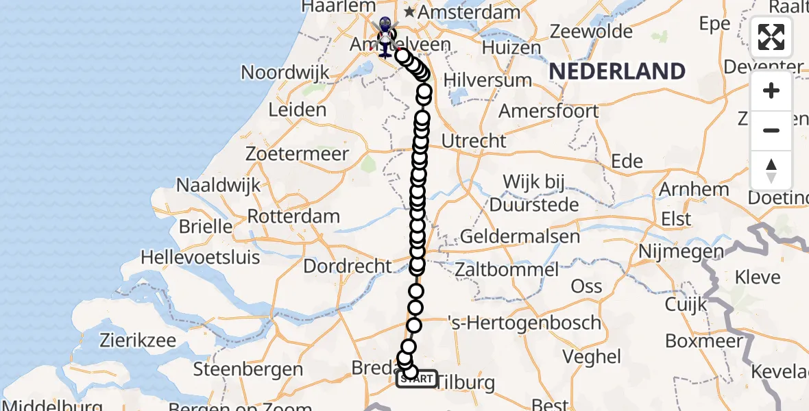 Vluchtroute Politiehelikopter van Vliegbasis Gilze Rijen naar Amsterdam Vliegveld Schiphol