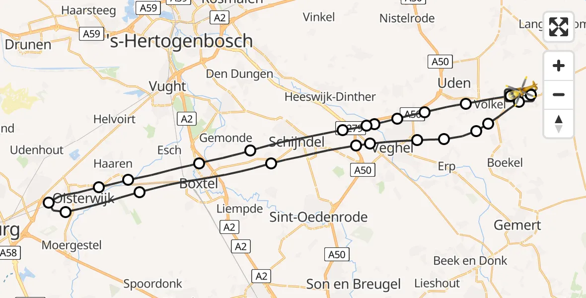 Vluchtroute Traumahelikopter van Vliegbasis Volkel naar Vliegbasis Volkel