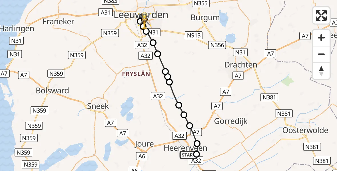 Vluchtroute Traumahelikopter van Heerenveen naar Leeuwarden Medical Center Heliport