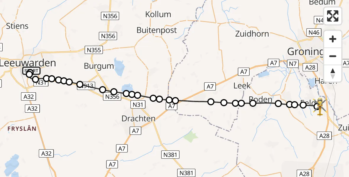 Vluchtroute Traumahelikopter van Leeuwarden Medical Center Heliport naar Groningen Airport Eelde