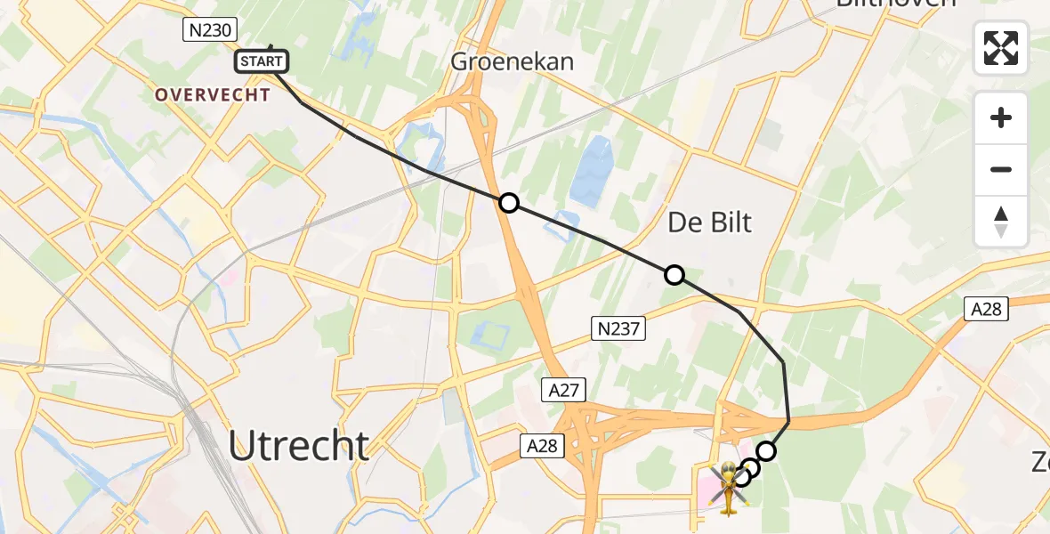 Vluchtroute Traumahelikopter van Utrecht naar Universitair Medisch Centrum Utrecht