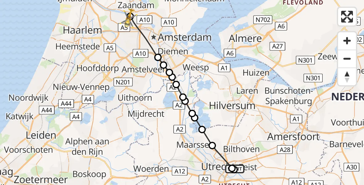 Vluchtroute Traumahelikopter van Universitair Medisch Centrum Utrecht naar Amsterdam Heliport