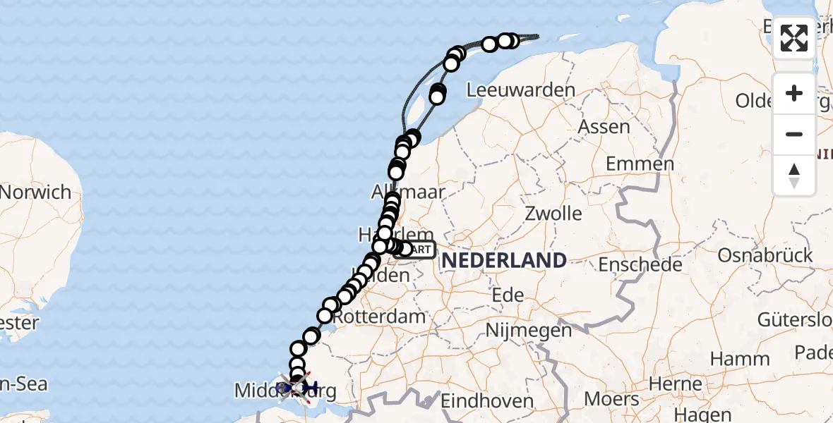 Vluchtroute Politiehelikopter van Amsterdam Vliegveld Schiphol naar Vliegveld Midden-Zeeland
