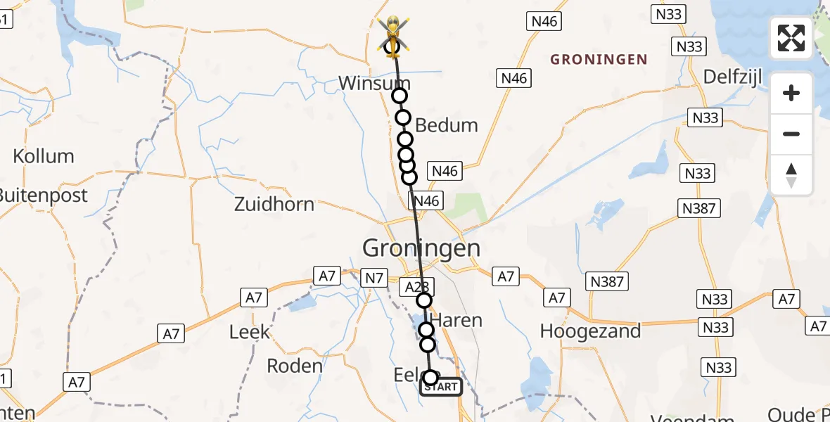Vluchtroute Traumahelikopter van Groningen Airport Eelde naar Tinallinge