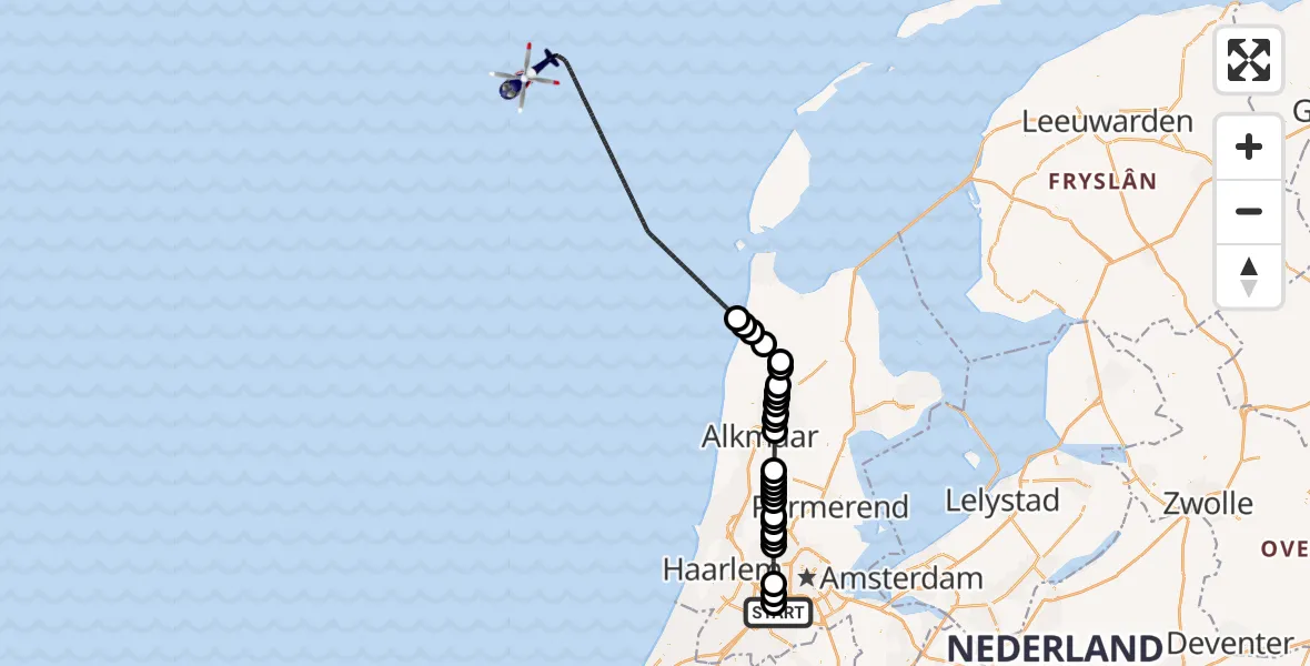 Vluchtroute Politiehelikopter van Amsterdam Vliegveld Schiphol naar Noordzee