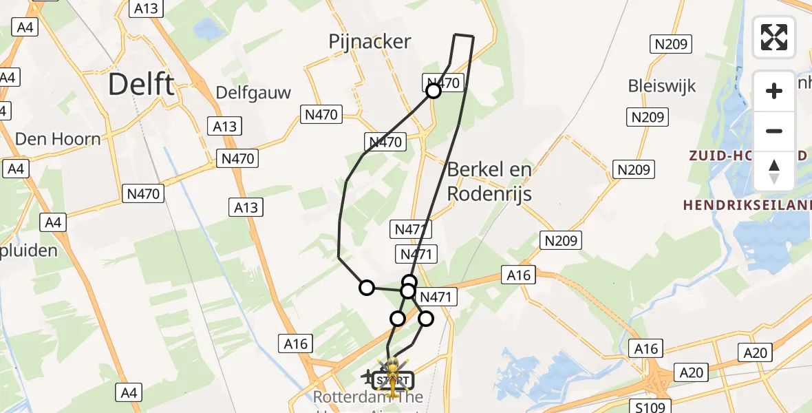 Vluchtroute Traumahelikopter van Rotterdam The Hague Airport naar Rotterdam The Hague Airport