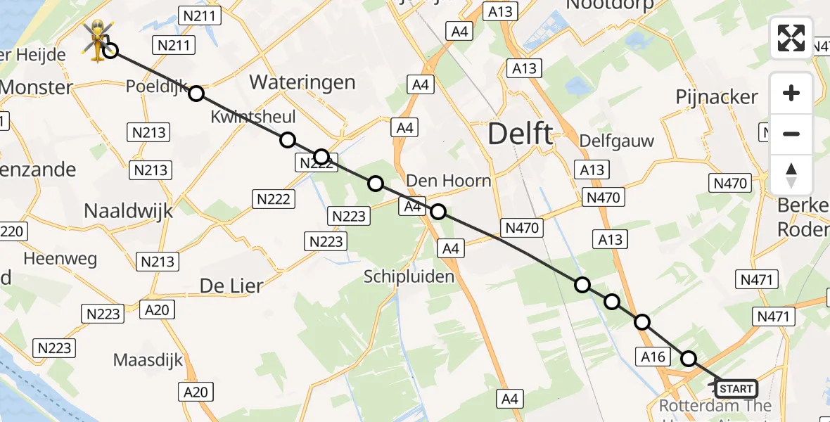 Vluchtroute Traumahelikopter van Rotterdam The Hague Airport naar Monster