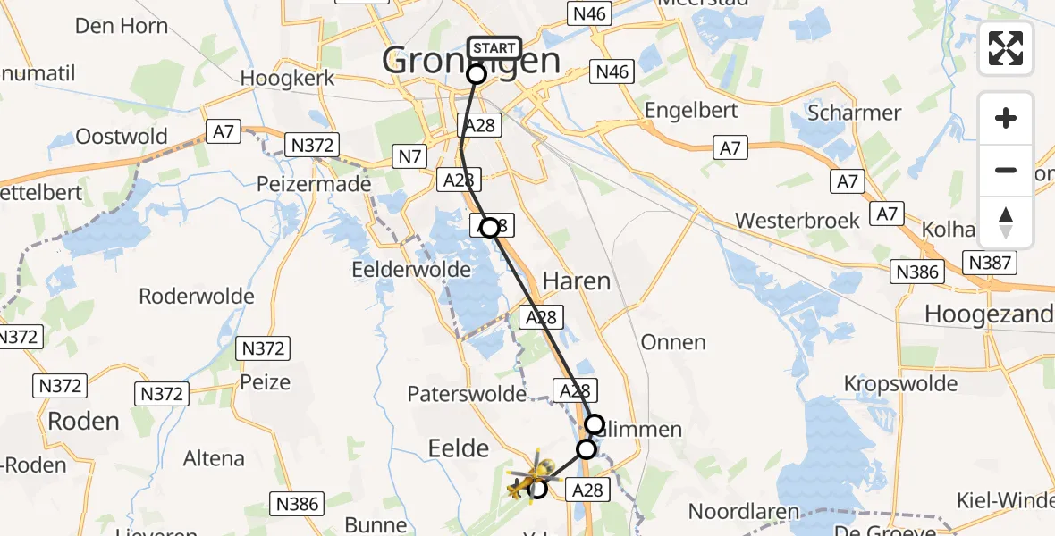 Vluchtroute Traumahelikopter van Universitair Medisch Centrum Groningen naar Groningen Airport Eelde