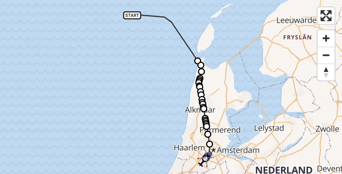 Vluchtroute Politiehelikopter van Noordzee naar Amsterdam Vliegveld Schiphol