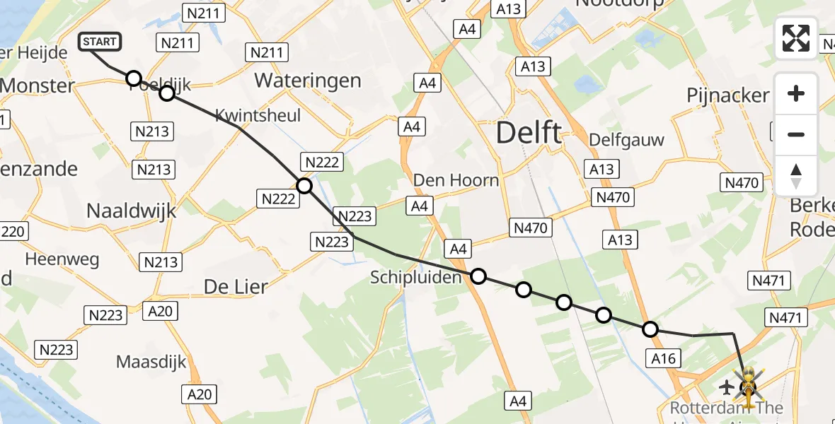 Vluchtroute Traumahelikopter van Monster naar Rotterdam The Hague Airport