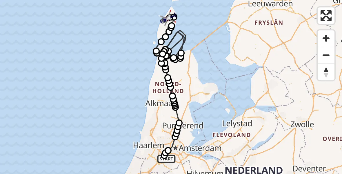 Vluchtroute Politiehelikopter van Amsterdam Vliegveld Schiphol naar Texel International Airport