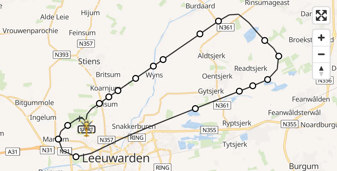 Vluchtroute Ambulancehelikopter van Vliegbasis Leeuwarden naar Vliegbasis Leeuwarden
