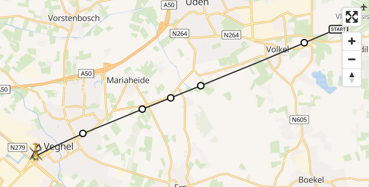 Vluchtroute Traumahelikopter van Vliegbasis Volkel naar Veghel