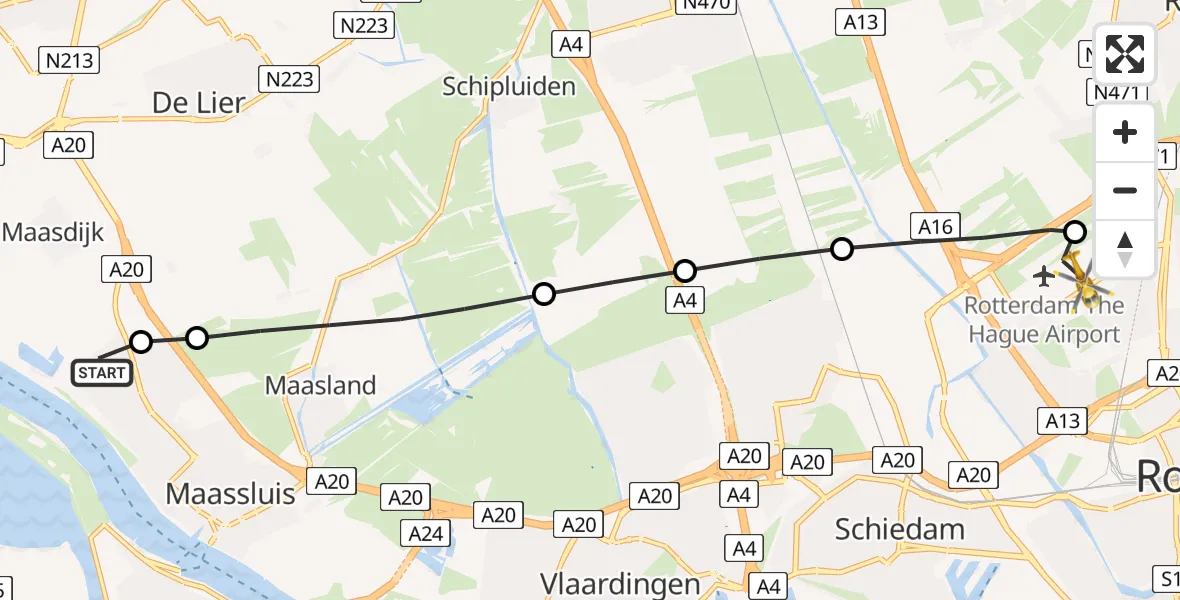 Vluchtroute Traumahelikopter van Maassluis naar Rotterdam The Hague Airport