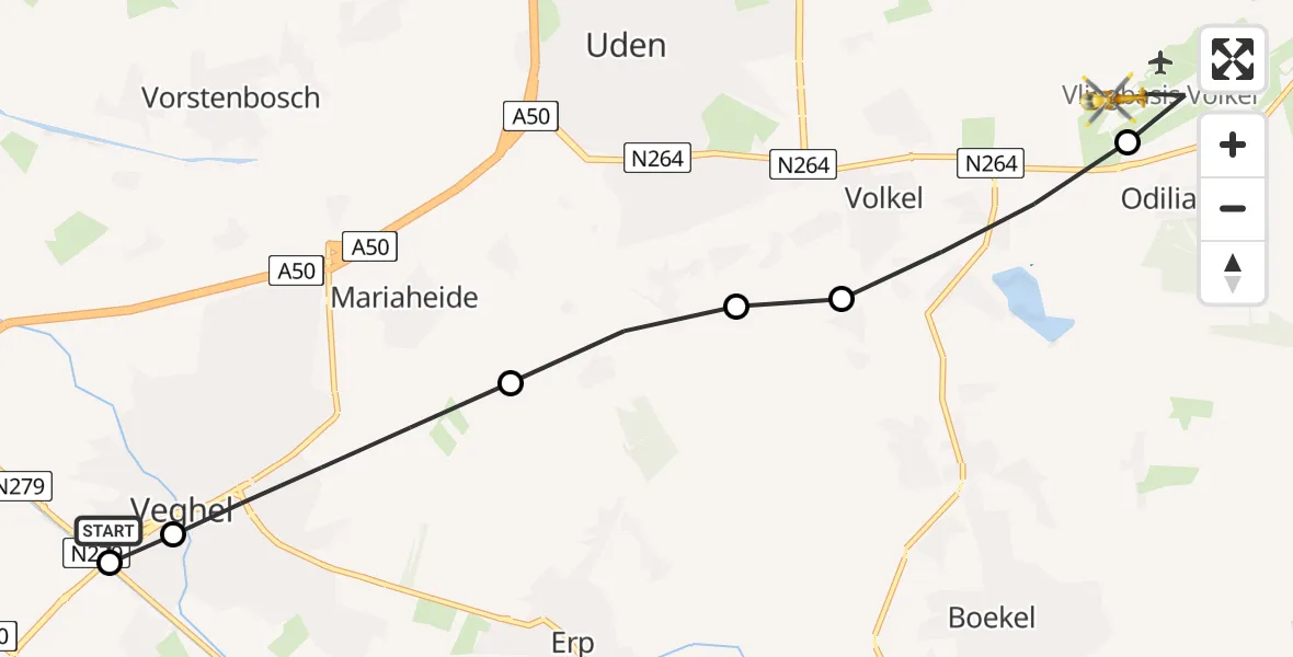 Vluchtroute Traumahelikopter van Veghel naar Vliegbasis Volkel