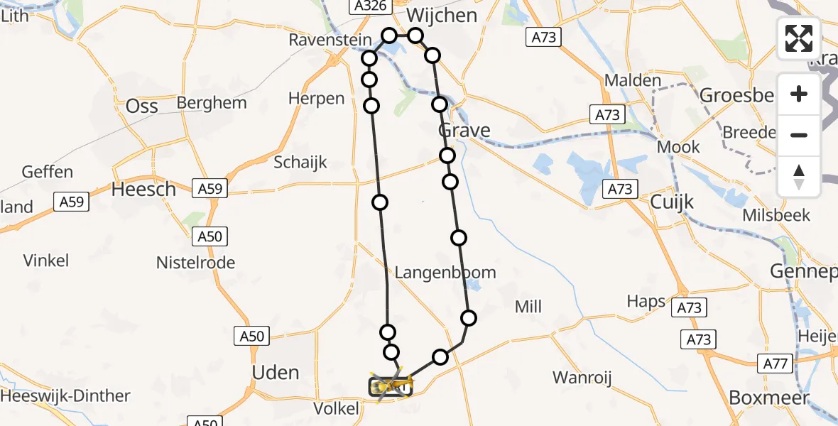 Vluchtroute Traumahelikopter van Vliegbasis Volkel naar Vliegbasis Volkel
