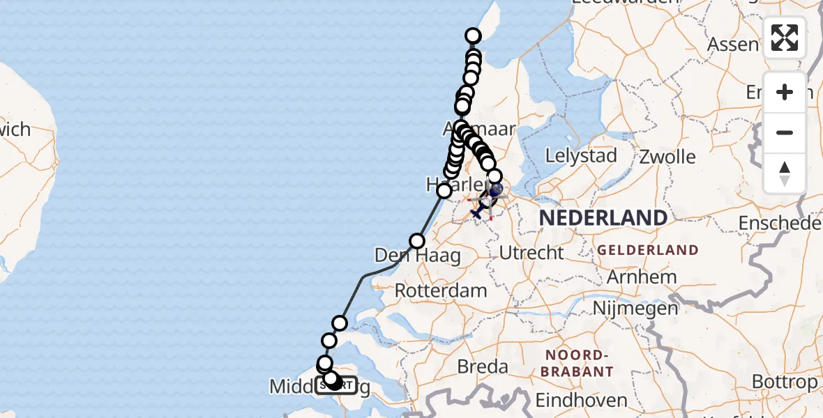 Vluchtroute Politiehelikopter van Vliegveld Midden-Zeeland naar Amsterdam Vliegveld Schiphol