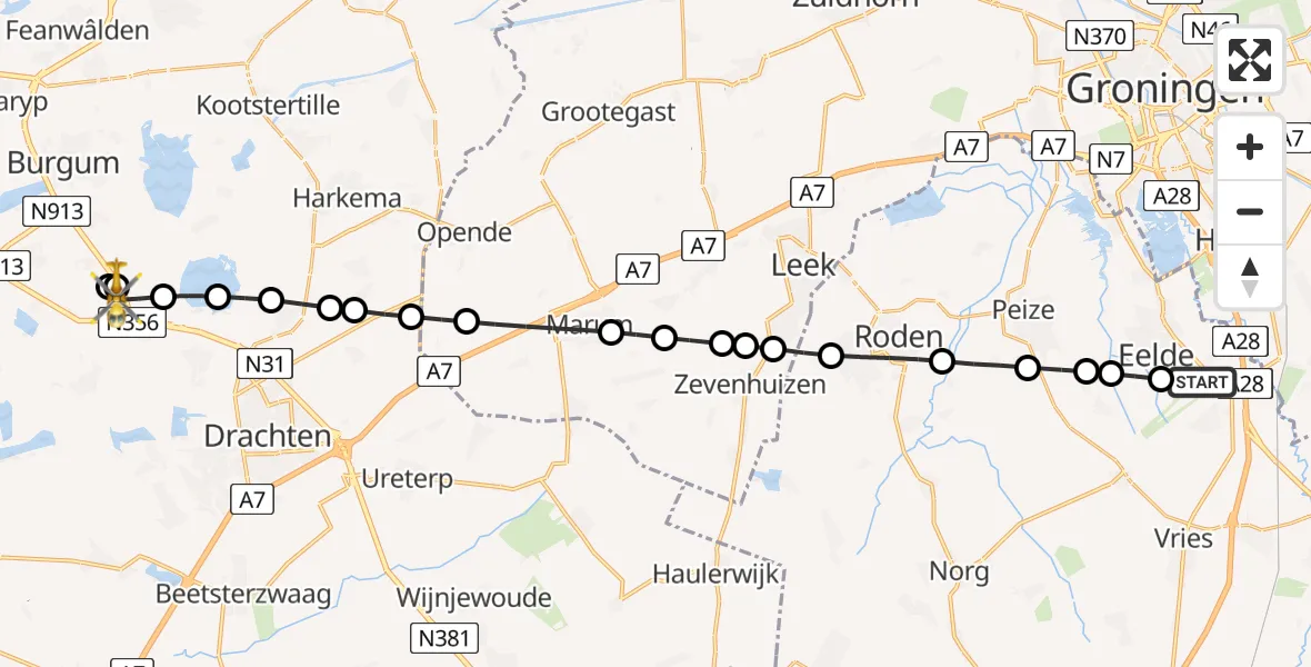 Vluchtroute Traumahelikopter van Groningen Airport Eelde naar De Tike