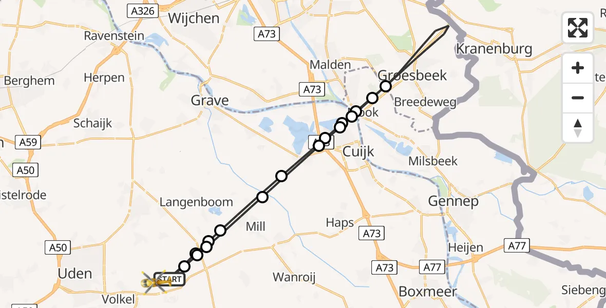 Vluchtroute Traumahelikopter van Vliegbasis Volkel naar Vliegbasis Volkel