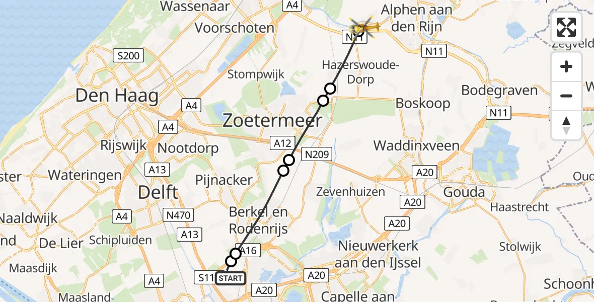 Vluchtroute Traumahelikopter van Rotterdam The Hague Airport naar Hazerswoude-Rijndijk