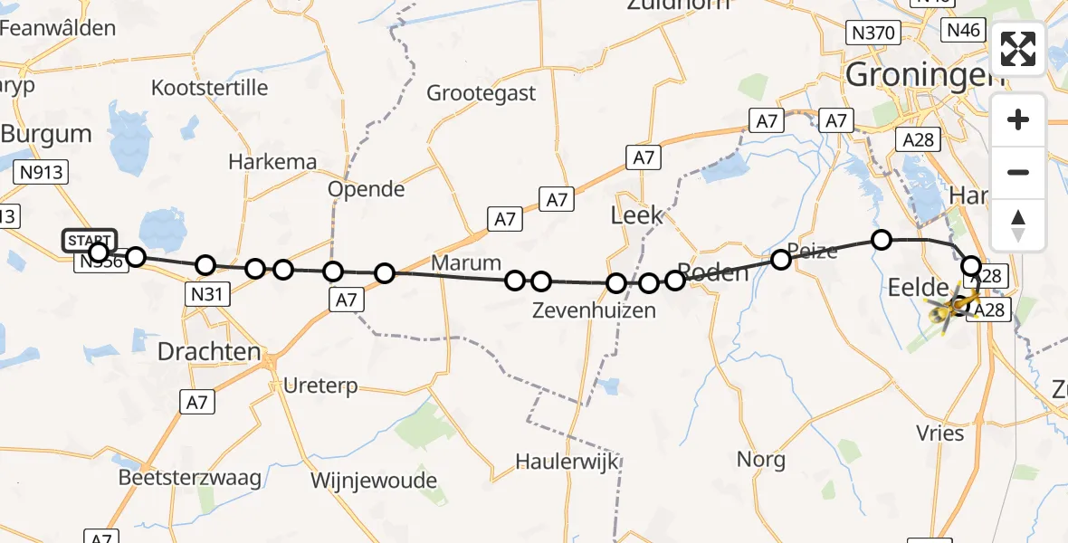 Vluchtroute Traumahelikopter van De Tike naar Groningen Airport Eelde