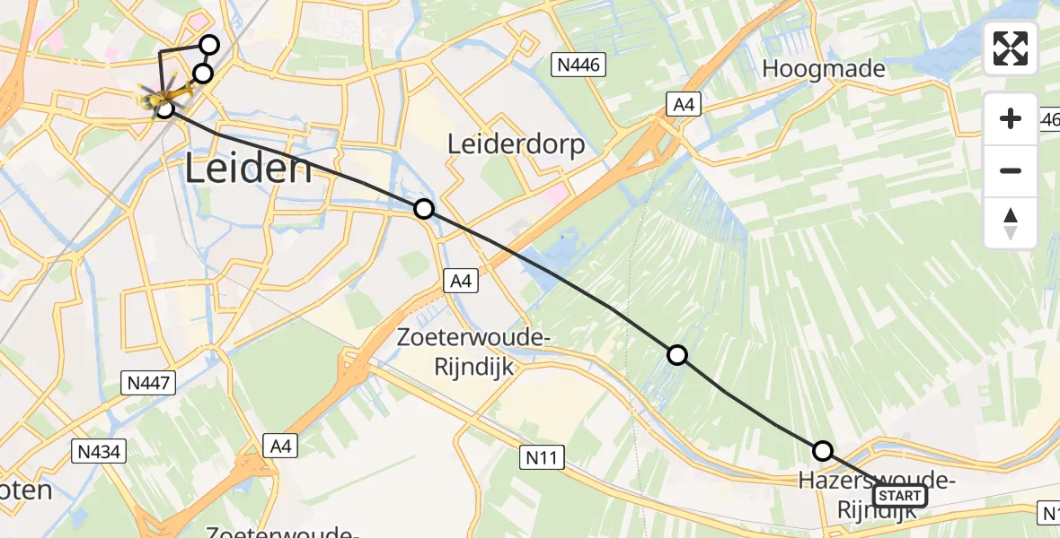 Vluchtroute Traumahelikopter van Hazerswoude-Rijndijk naar Leiden University Medical Center Heliport